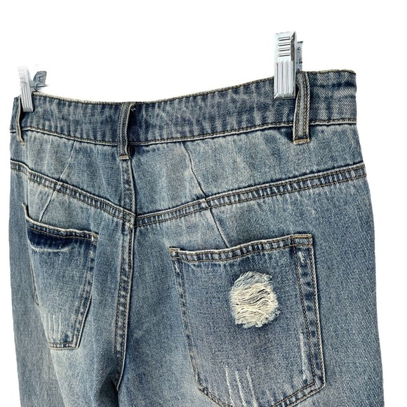 AFRM Revolve Boyfriend Destroyed High Rise Button Fly Blue Ripped Jeans Size 26 - Picture 7 of 11